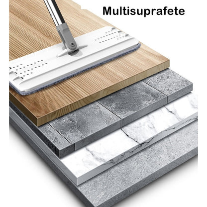 Set de curatenie PREMIUM, mop si galeata, galeata 5.7 l, 4 rezerve microfibra incluse, design modern, pentru interior, material plastic, peri sintetici, plat, cu storcere, alb