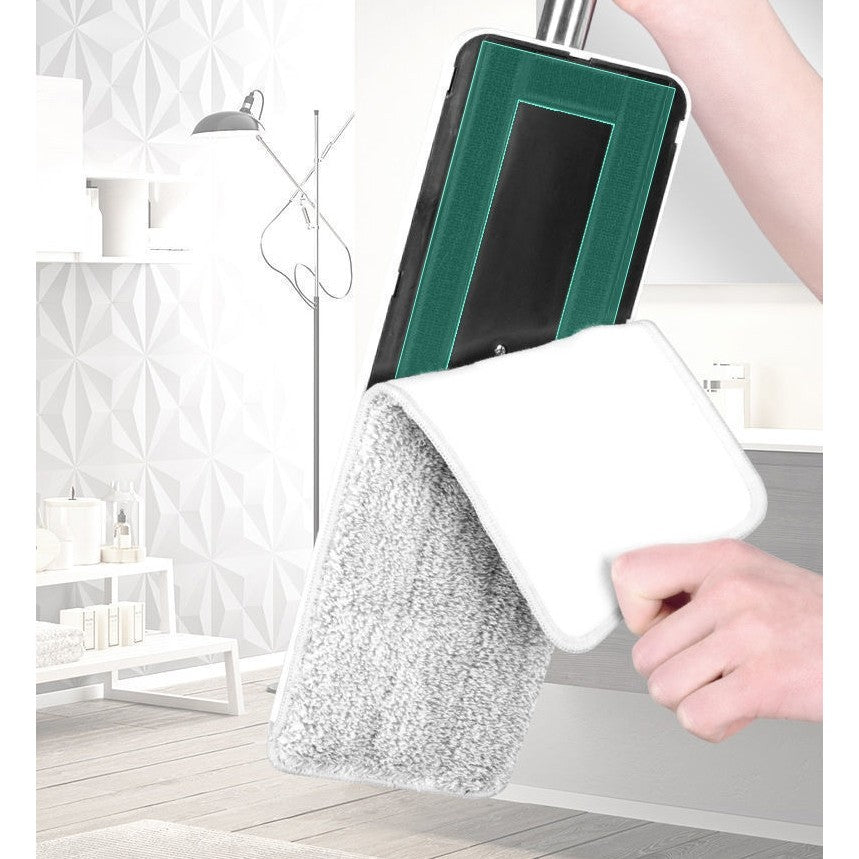 Set de curatenie PREMIUM, mop si galeata, galeata 5.7 l, 4 rezerve microfibra incluse, design modern, pentru interior, material plastic, peri sintetici, plat, cu storcere, alb