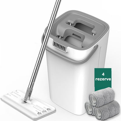 Set de curatenie PREMIUM, mop si galeata, galeata 5.7 l, 4 rezerve microfibra incluse, design modern, pentru interior, material plastic, peri sintetici, plat, cu storcere, alb