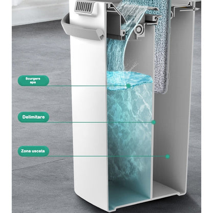 Set de curatenie PREMIUM, mop si galeata, galeata 5.7 l, 4 rezerve microfibra incluse, design modern, pentru interior, material plastic, peri sintetici, plat, cu storcere, alb