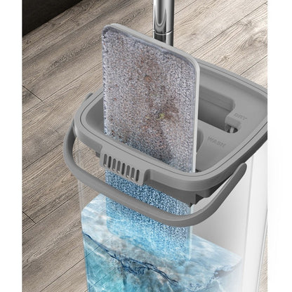 Set de curatenie PREMIUM, mop si galeata, galeata 5.7 l, 4 rezerve microfibra incluse, design modern, pentru interior, material plastic, peri sintetici, plat, cu storcere, alb
