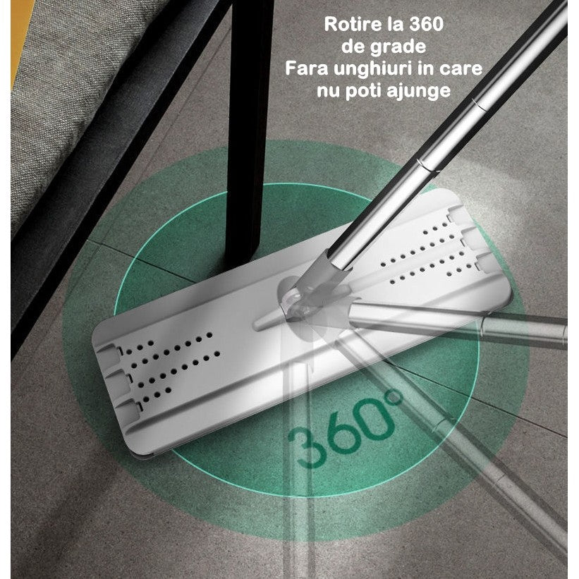 Set de curatenie PREMIUM, mop si galeata, galeata 5.7 l, 4 rezerve microfibra incluse, design modern, pentru interior, material plastic, peri sintetici, plat, cu storcere, alb