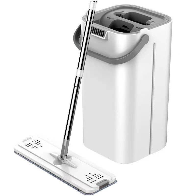 Set de curatenie PREMIUM, mop si galeata, galeata 5.7 l, 4 rezerve microfibra incluse, design modern, pentru interior, material plastic, peri sintetici, plat, cu storcere, alb
