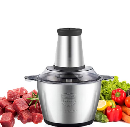 Tocator Electric Multifunctional, Capacitate 5L, Pentru Carne si Legume, 4 Lame Din Otel Inoxidabil, Recipient din Inox, 3 Viteze, Putere 1000W, Argintiu